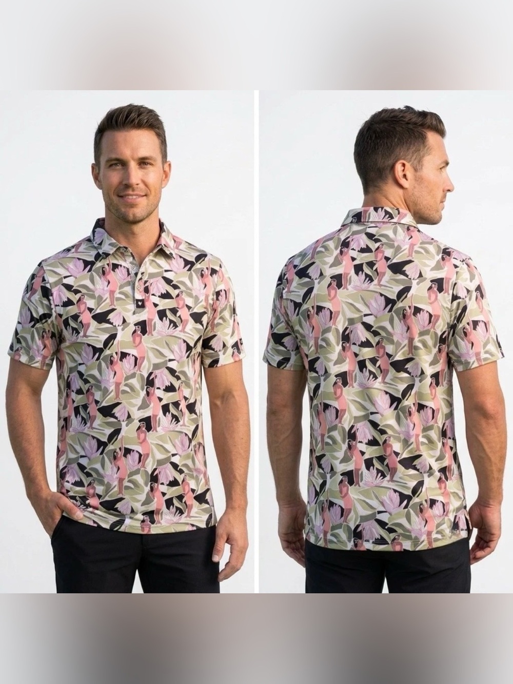 Bad Birdie Leilani Golf Polo Shirt Mens Large M Floral Tropical Hula Dancer Golf